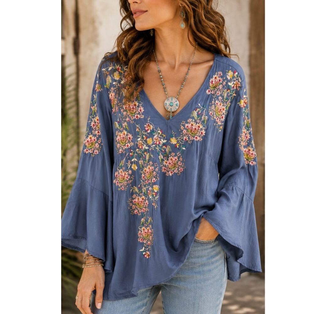 Sundance Cupro Embroidered Blouse Blue Floral Bell Sleeve Boho Tunic Size L